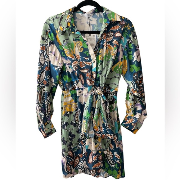 Zara Dresses & Skirts - Zara Green Paisley Printed Patchwork Mini Dress Silk Tie Waist Small NWT
